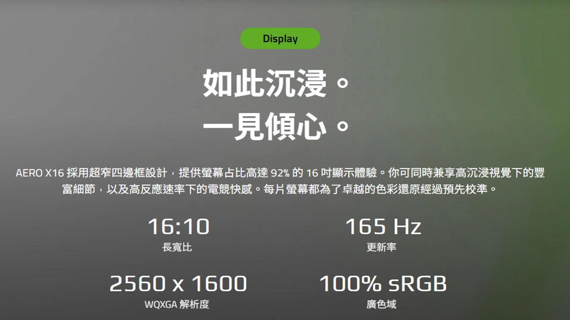 AERO X16 螢幕規格：16:10、165Hz、2560×1600、100% sRGB