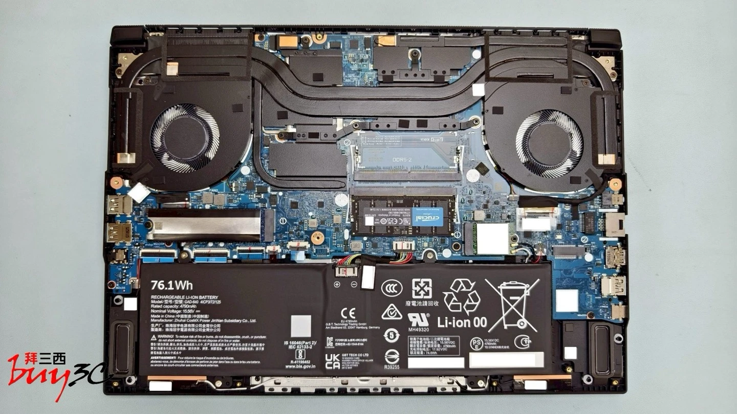 AERO X16 拆機內部：雙風扇、熱導管、記憶體與 SSD 插槽、76.1Wh 電池