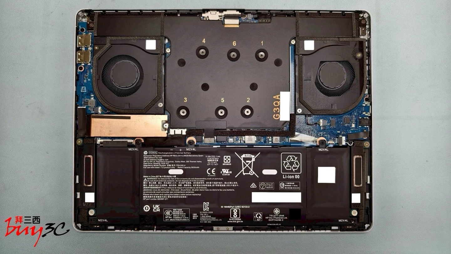 OMEN Transcend 14 拆機內部：雙風扇、均熱板覆蓋處理器與顯示卡、M.2 SSD 與電池