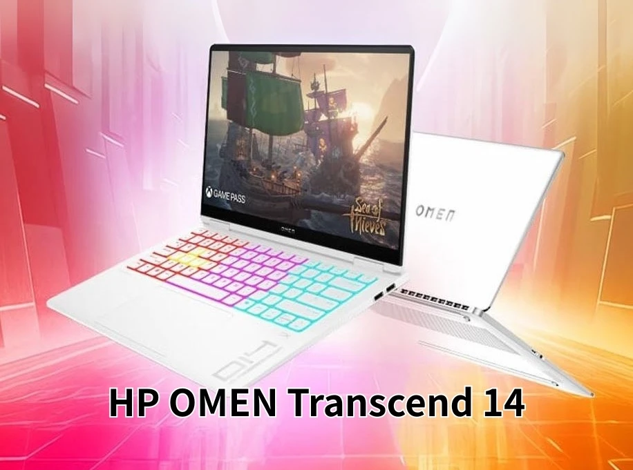 HP OMEN Transcend 14 開箱封面：幻影白機身與 RGB 鍵盤