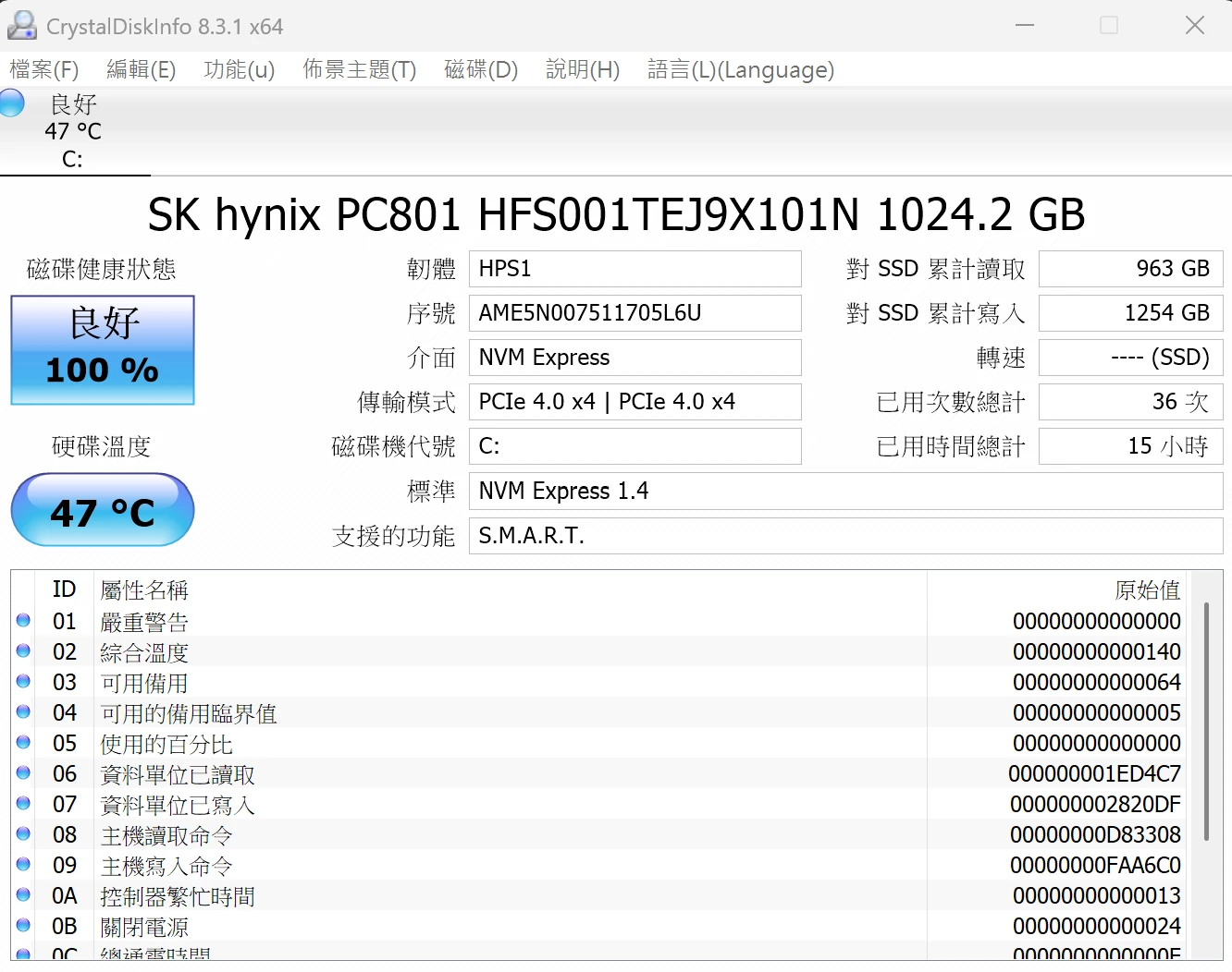 CrystalDiskInfo：SK hynix PC801 1TB，PCIe 4.0 x4