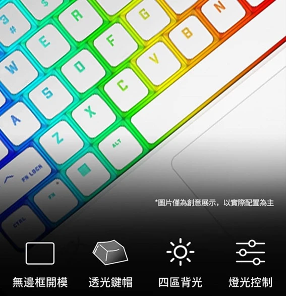HP 官方圖：無邊框鍵帽、透光鍵帽、四區背光與燈光控制