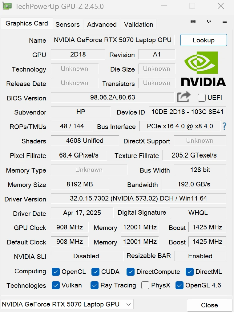 GPU-Z：RTX 5070 Laptop GPU，4608 個 CUDA 核心、128-bit 記憶體匯流排