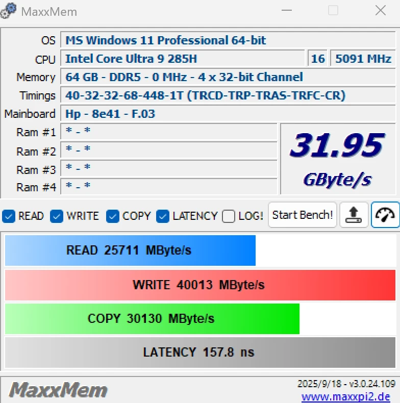 MaxxMEM 記憶體測試：讀取 25,711 MB/s、寫入 40,013 MB/s