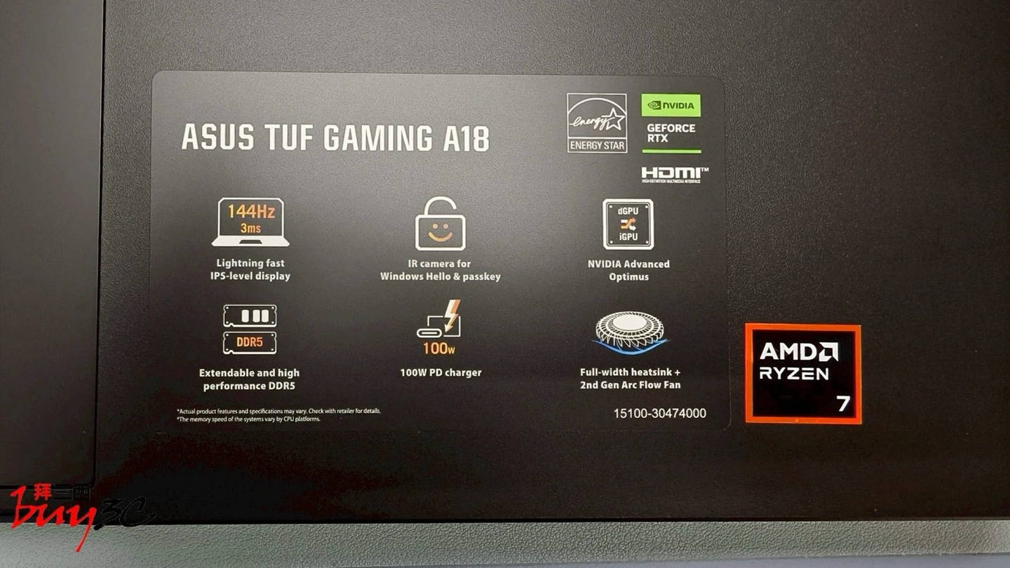TUF Gaming A18 掌托特色貼紙：144Hz、IR 鏡頭、Advanced Optimus、100W PD 充電